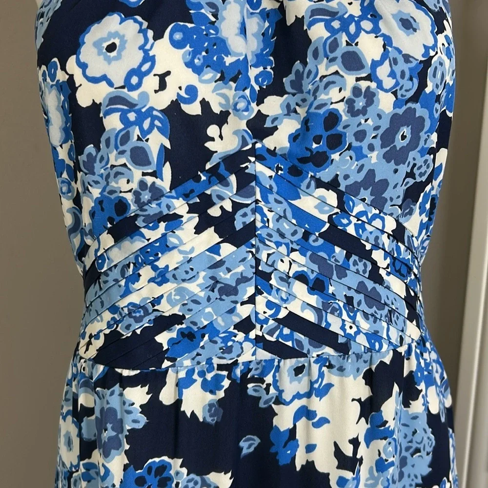 Tory Burch Silk Halter Neck Midi Dress Blue Floral Side Zip Pleated Sz 4 - Picture 4 of 16